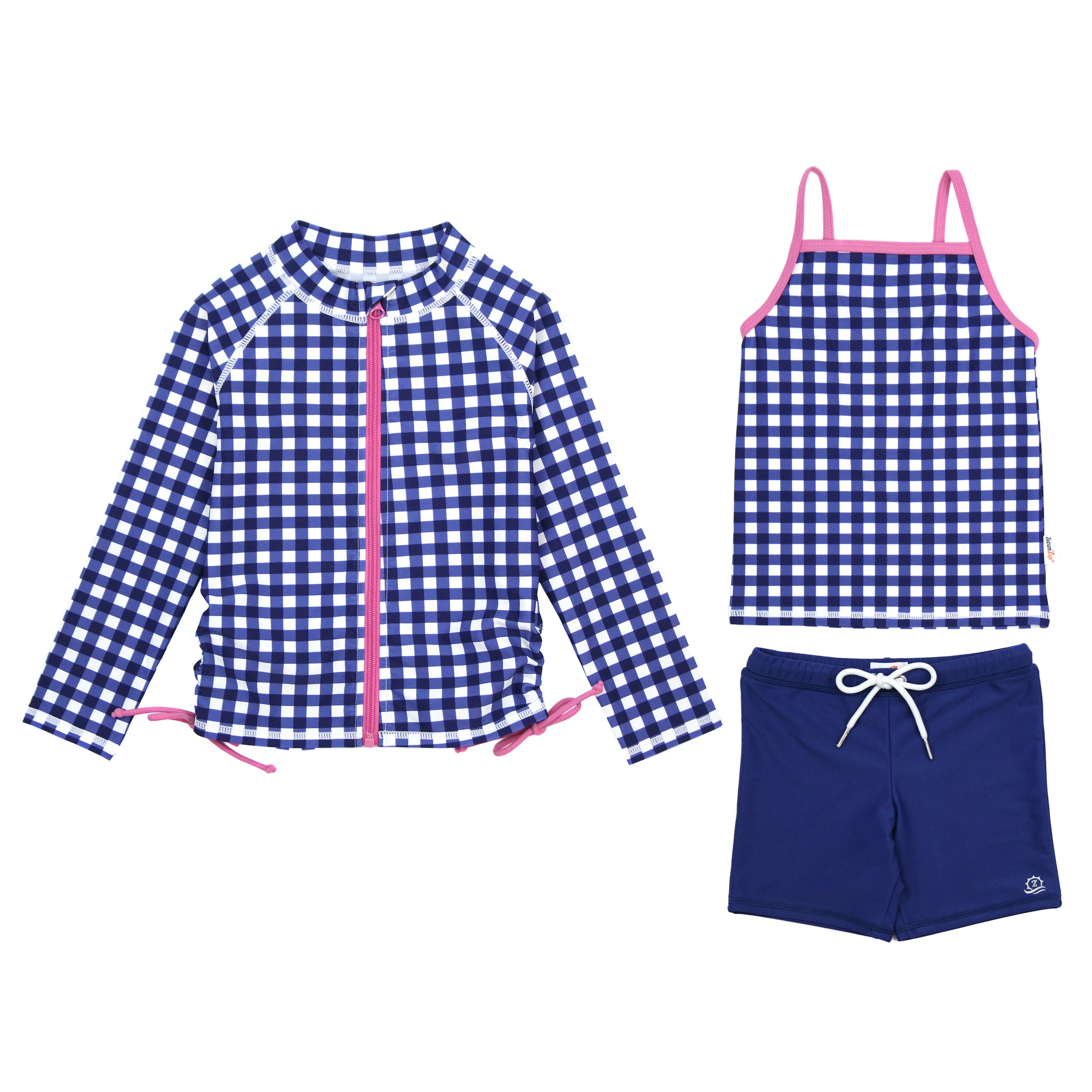 Girls Long Sleeve Rash Guard + Tankini Shorts Set (3 Piece) | "Navy Gingham"-6-12 Month-Navy Gingham-SwimZip UPF 50+ Sun Protective Swimwear & UV Zipper Rash Guards-pos1