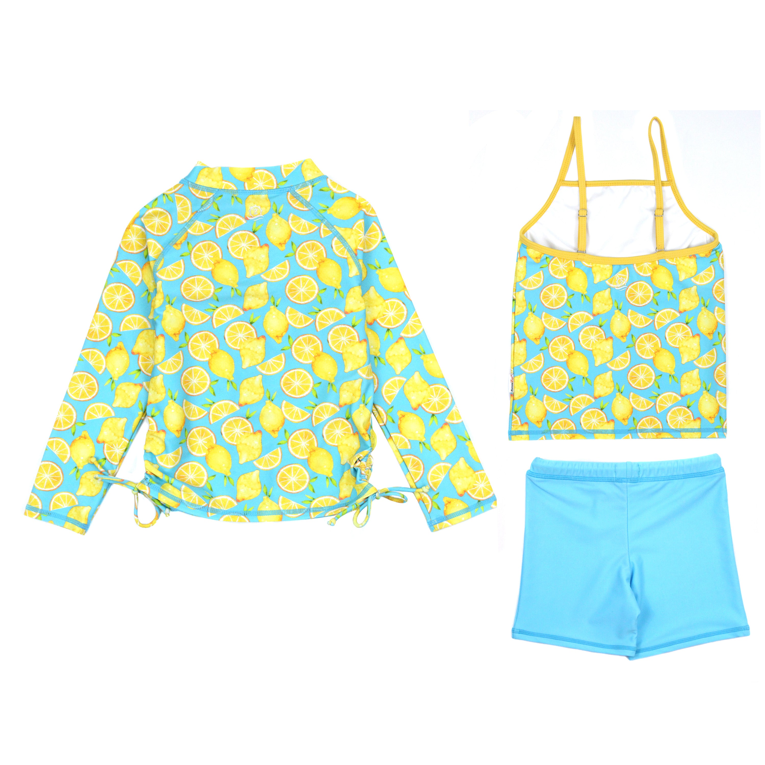 Girls Long Sleeve Rash Guard + Tankini Shorts Set (3 Piece) | "Lemons"-SwimZip UPF 50+ Sun Protective Swimwear & UV Zipper Rash Guards-pos3