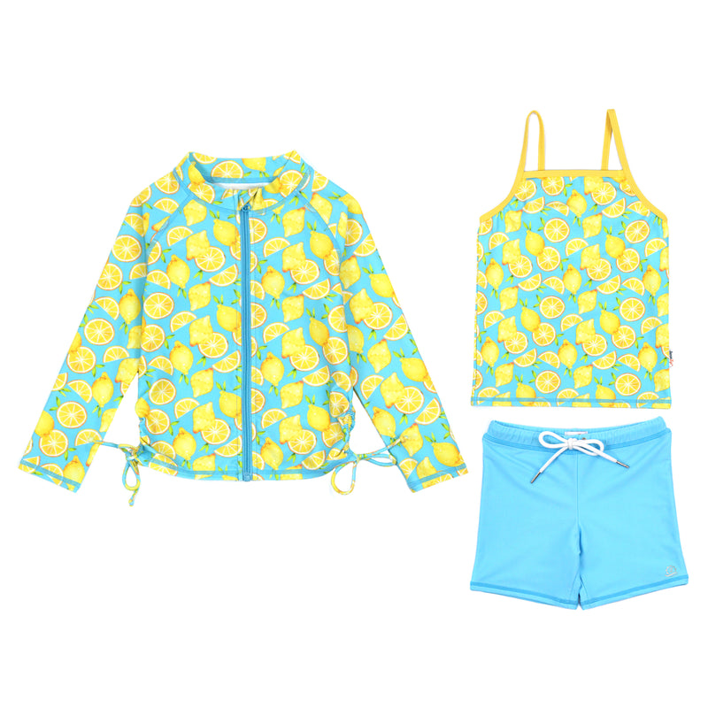 Girls Long Sleeve Rash Guard + Tankini Shorts Set (3 Piece) | "Lemons"-6-12 Month-Lemons-SwimZip UPF 50+ Sun Protective Swimwear & UV Zipper Rash Guards-pos1