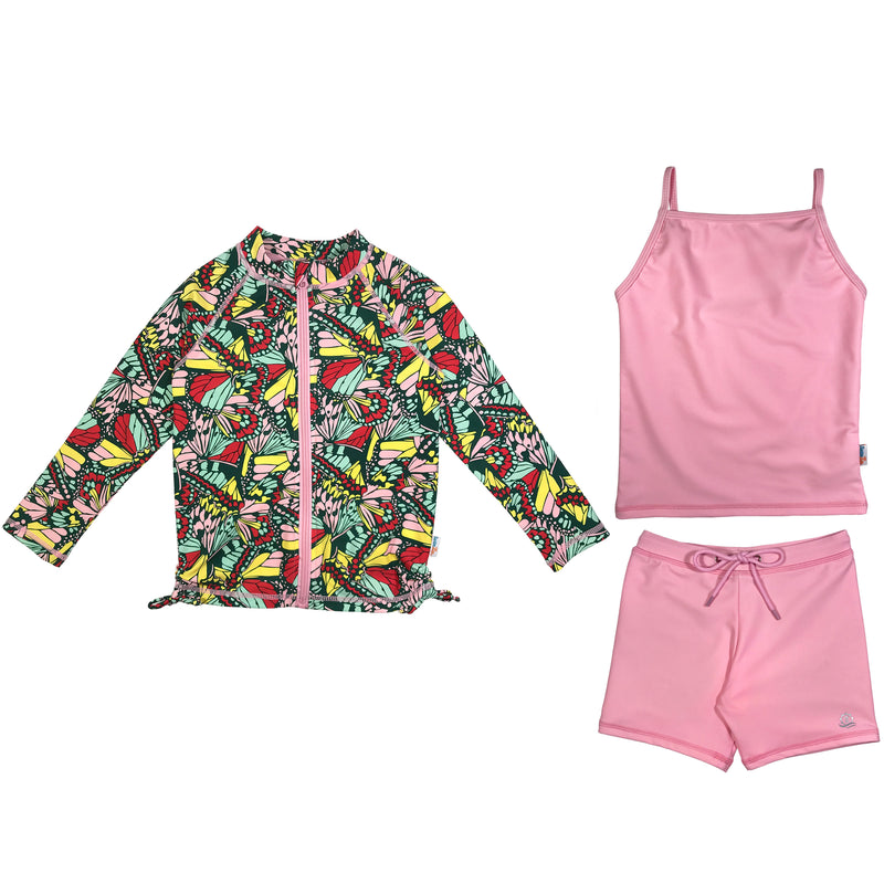 Girls Long Sleeve Rash Guard + Tankini Shorts Set (3 Piece) | "Butterfly Love"-6-12 Month-Butterfly-SwimZip UPF 50+ Sun Protective Swimwear & UV Zipper Rash Guards-pos1