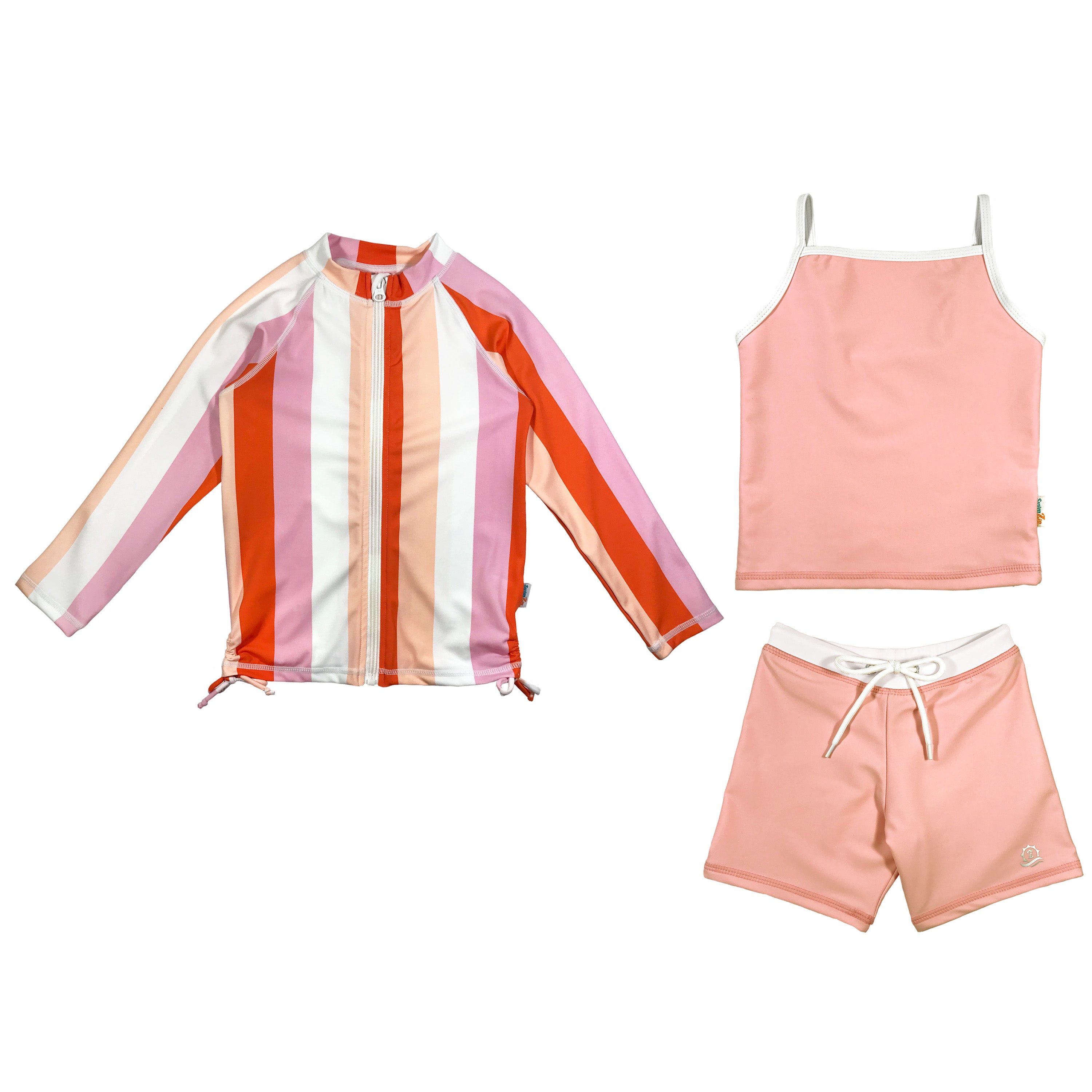 Girls Long Sleeve Rash Guard + Tankini Shorts Set (3 Piece) | "Peachy Stripes"-6-12 Month-Peach Stripes-SwimZip UPF 50+ Sun Protective Swimwear & UV Zipper Rash Guards-pos1