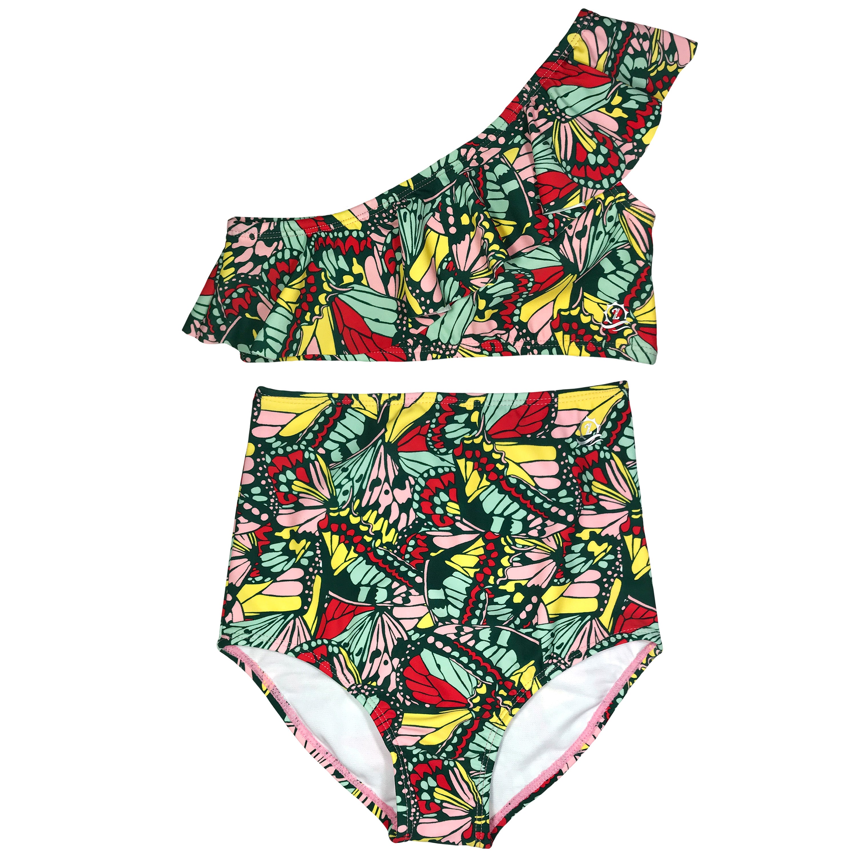 Girls Bikini One-Shoulder + High Waist Bottom Swimsuit Set (2 Piece) - "Butterfly Love"-6-12 Month-Butterfly-SwimZip UPF 50+ Sun Protective Swimwear & UV Zipper Rash Guards-pos1