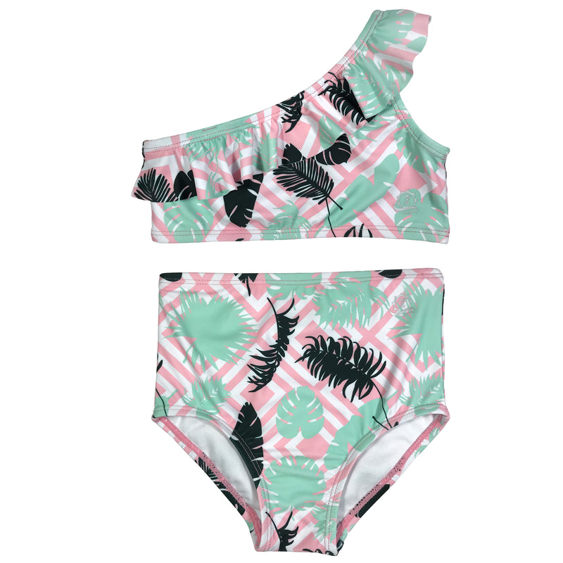 Girls Bikini One-Shoulder + High Waist Bottom Swimsuit Set (2 Piece) - "Palm Breeze"-6-12 Month-Palm-SwimZip UPF 50+ Sun Protective Swimwear & UV Zipper Rash Guards-pos1