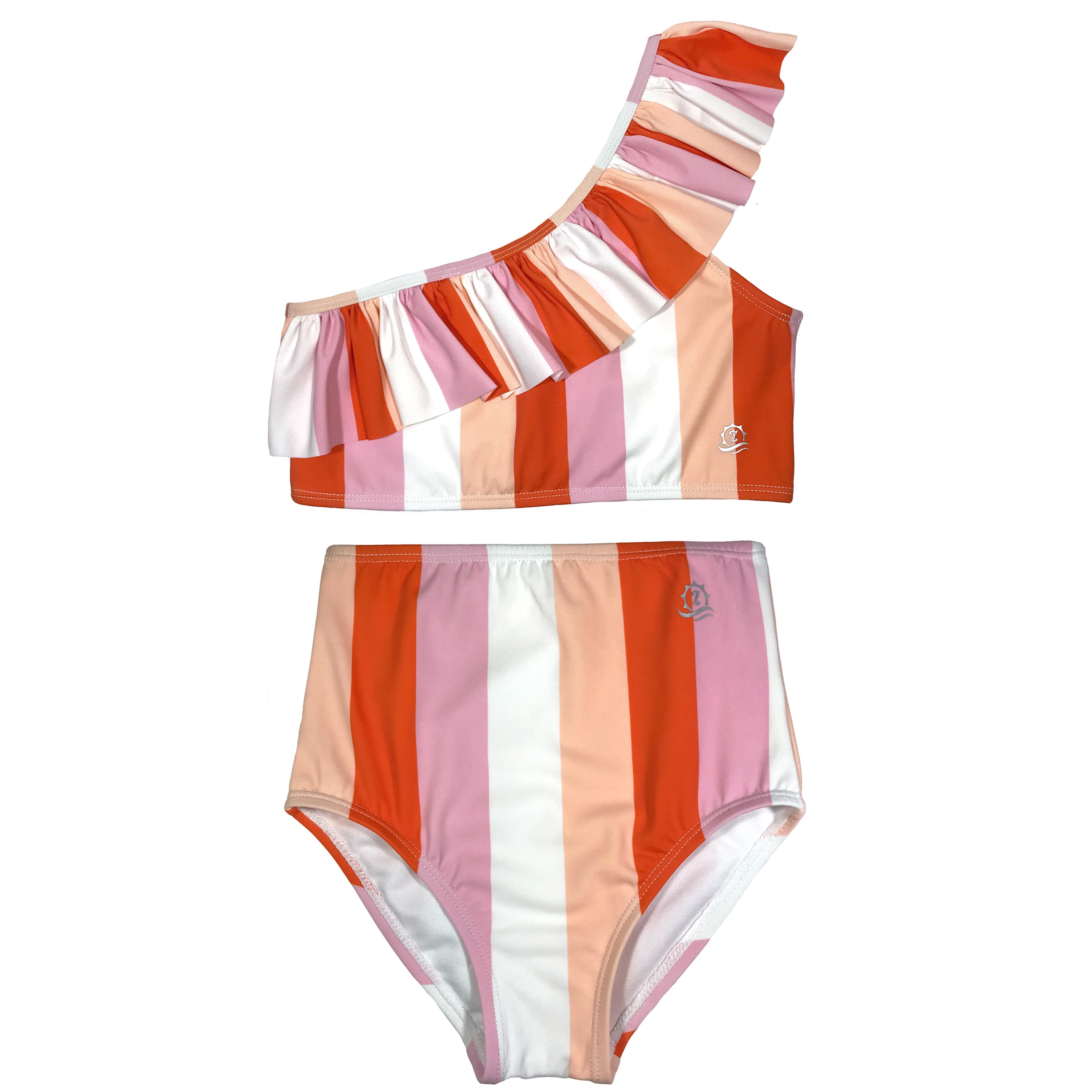 Girls Bikini One-Shoulder + High Waist Bottom Swimsuit Set (2 Piece) - "Peachy Stripes"-6-12 Month-Peach Stripes-SwimZip UPF 50+ Sun Protective Swimwear & UV Zipper Rash Guards-pos1