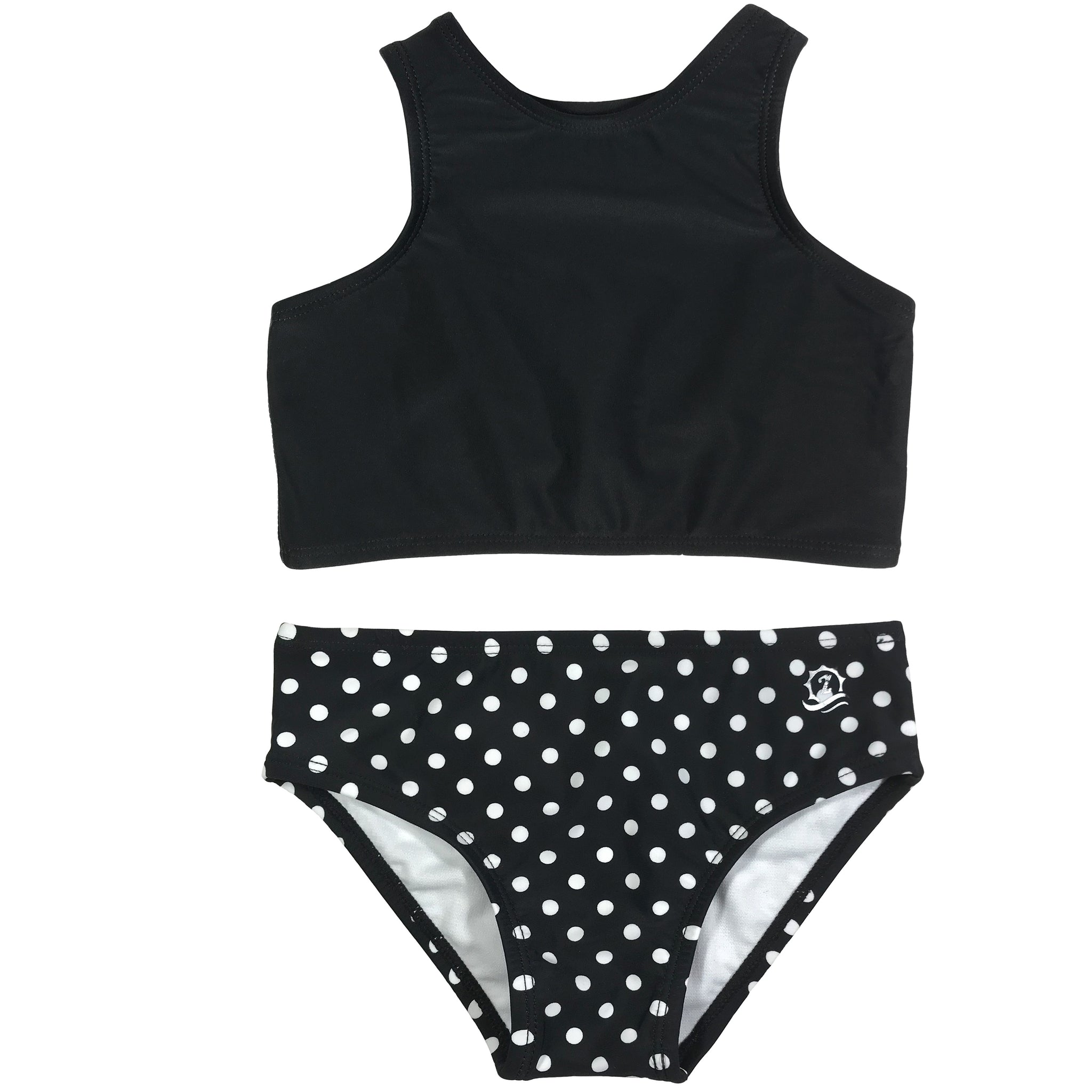 SwimZip Girl's Halter Top Swim Set Black Polka Dot Sun Protection