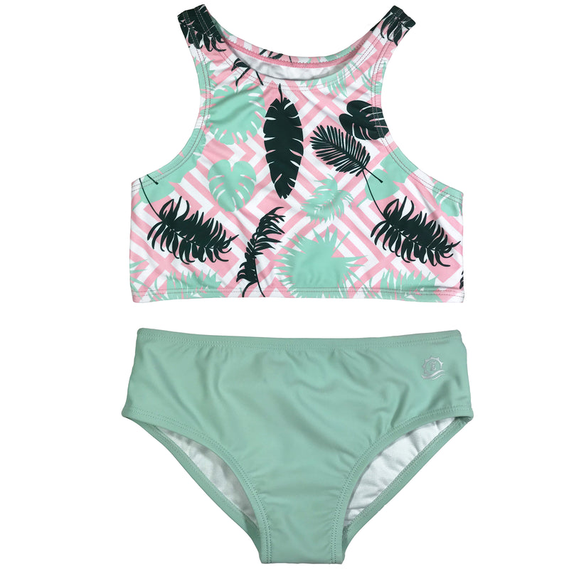 Girls Halter Top Bikini Set (2 Piece) | "Palm Breeze"-6-12 Month-Palm-SwimZip UPF 50+ Sun Protective Swimwear & UV Zipper Rash Guards-pos1