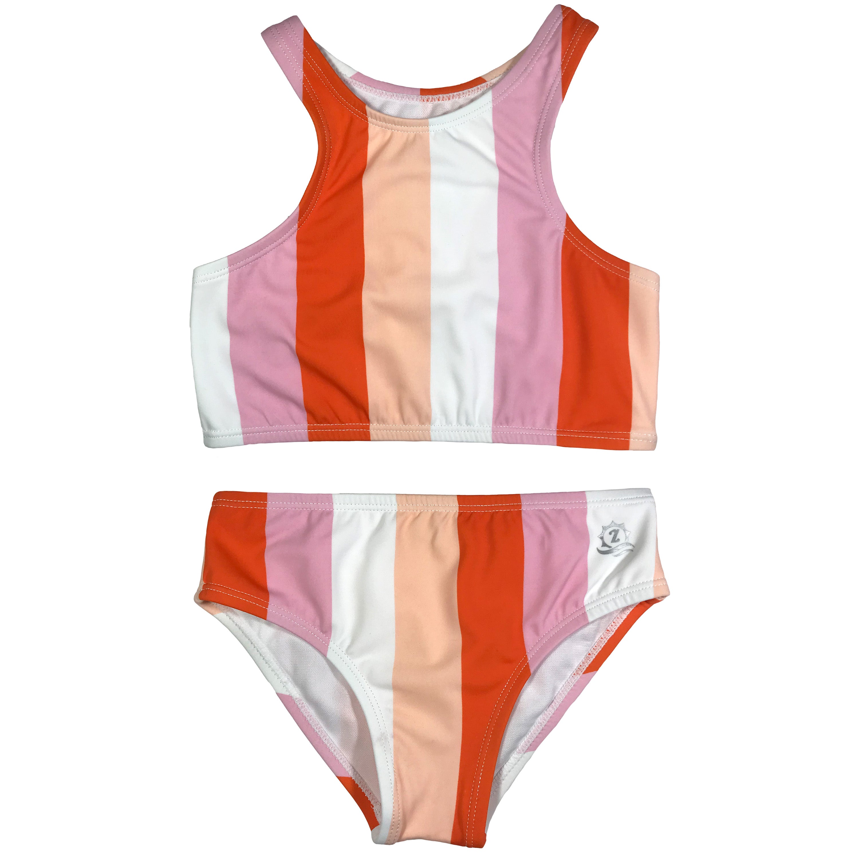 Girls Halter Top Bikini Set (2 Piece) | "Peachy Stripes"-6-12 Month-Peach Stripes-SwimZip UPF 50+ Sun Protective Swimwear & UV Zipper Rash Guards-pos1