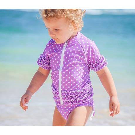 Girls Short Sleeve Rash Guard Swimsuit Set (2 Piece) - "Sassy Surfer" Purple Violet-SwimZip UPF 50+ Sun Protective Swimwear & UV Zipper Rash Guards-pos2