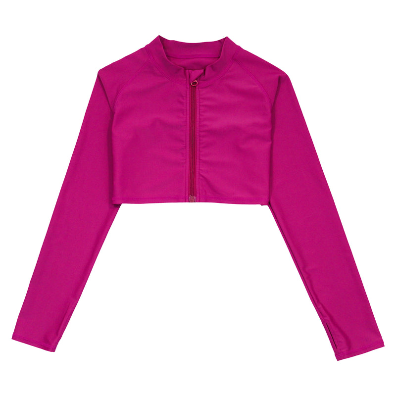 Girls Long Sleeve Crop Rash Guard | "Fuchsia Festival"-6-8-Fuchsia Festival-SwimZip UPF 50+ Sun Protective Swimwear & UV Zipper Rash Guards-pos1