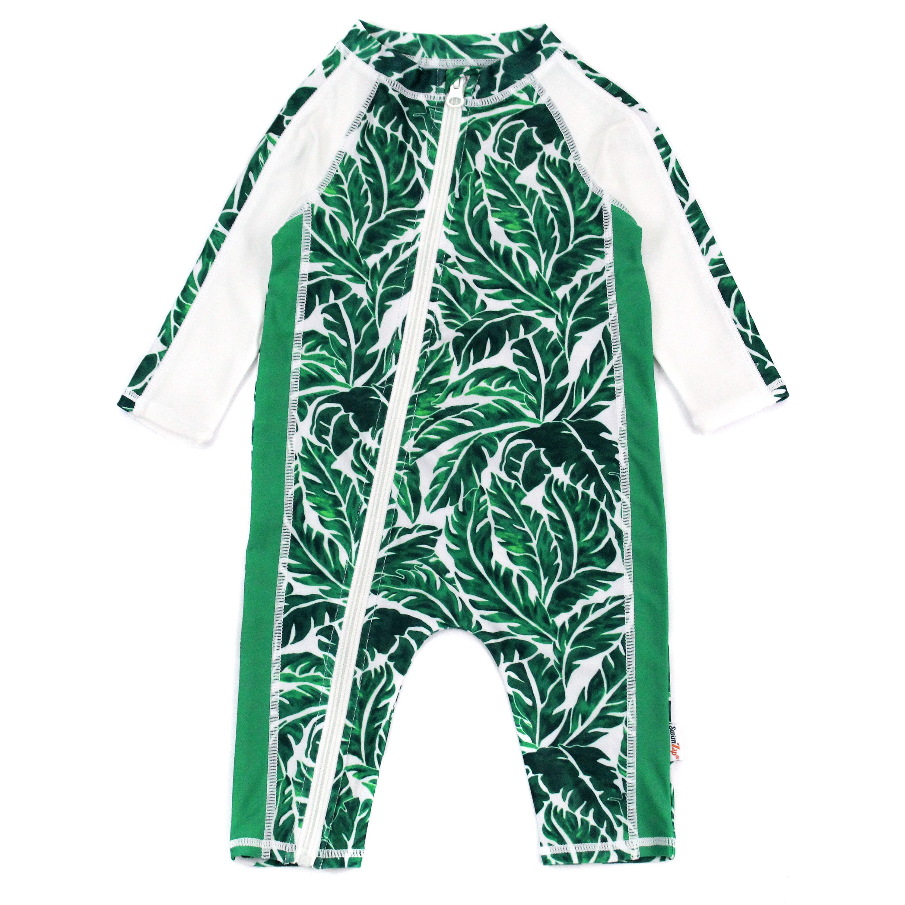 Sunsuit - Long Sleeve Romper Swimsuit | "Palm Leaf"-0-6 Month-Palm Leaf-SwimZip UPF 50+ Sun Protective Swimwear & UV Zipper Rash Guards-pos1