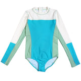 Girls Long Sleeve Surf Suit (One Piece Bodysuit) | "Aqua"-6-12 Month-Aqua-SwimZip UPF 50+ Sun Protective Swimwear & UV Zipper Rash Guards-pos1