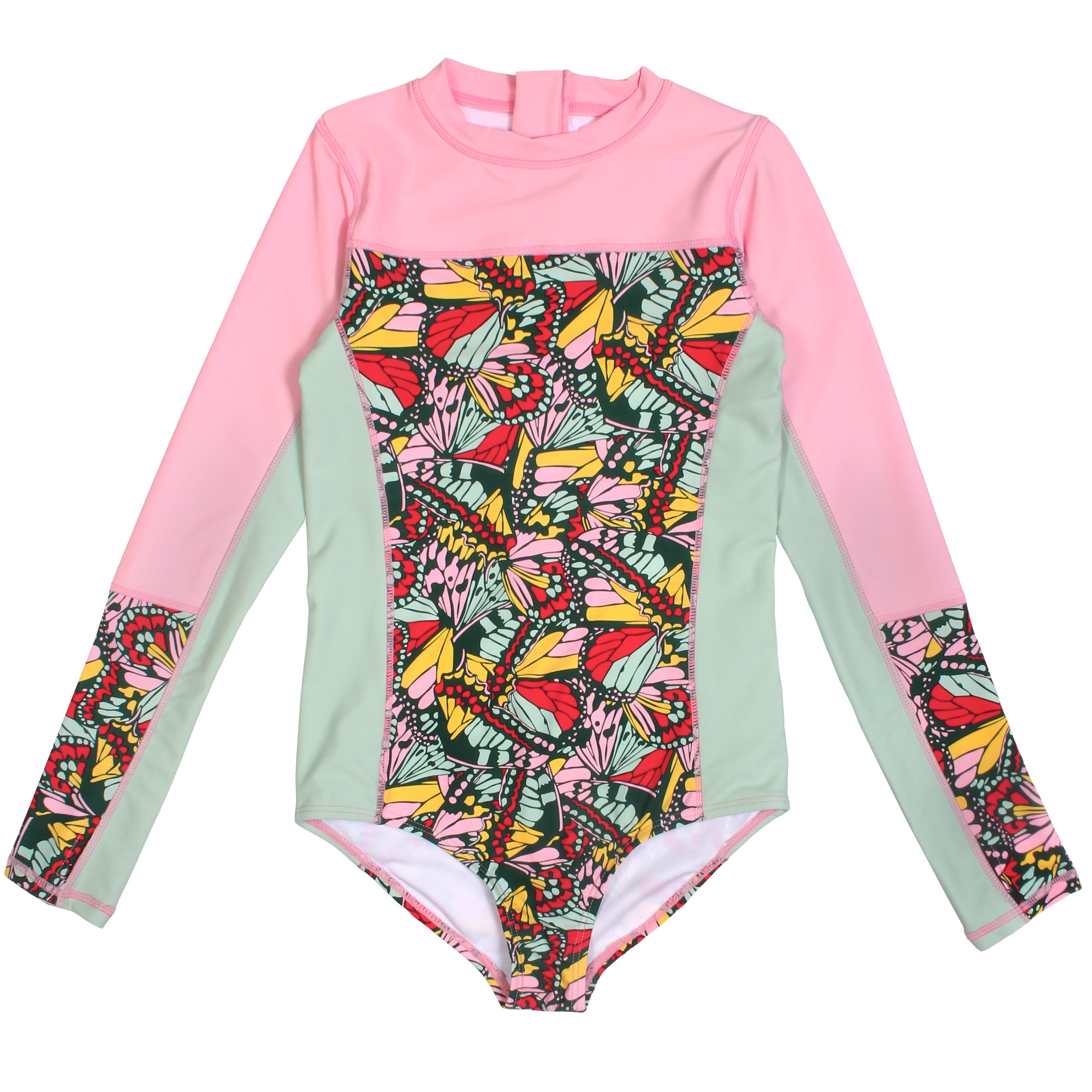 Girls Long Sleeve Surf Suit (One Piece Bodysuit) | "Butterfly Love"-6-12 Month-Butterfly-SwimZip UPF 50+ Sun Protective Swimwear & UV Zipper Rash Guards-pos1