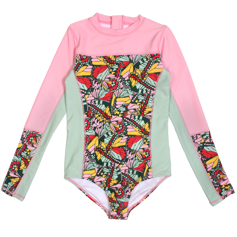 Girls Long Sleeve Surf Suit (One Piece Bodysuit) | "Butterfly Love"-6-12 Month-Butterfly-SwimZip UPF 50+ Sun Protective Swimwear & UV Zipper Rash Guards-pos1