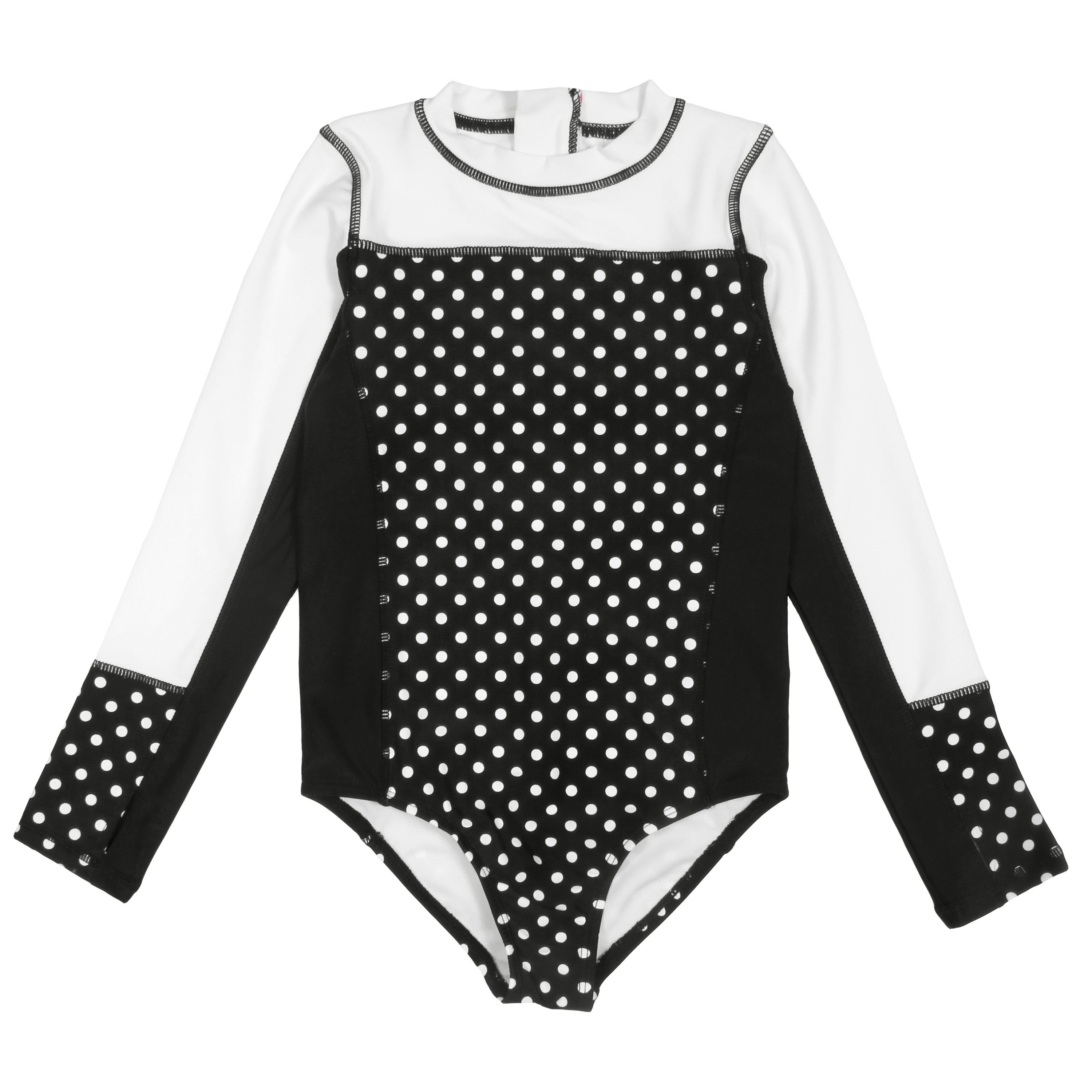 Girls Long Sleeve Surf Suit (One Piece Bodysuit) | "Black Polka Dot"-6-12 Month-Black Polka Dot-SwimZip UPF 50+ Sun Protective Swimwear & UV Zipper Rash Guards-pos1