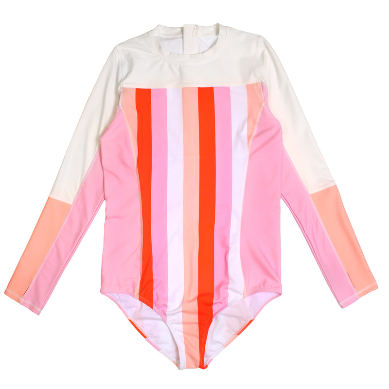 Girls Long Sleeve Surf Suit (One Piece Bodysuit) | "Peachy Stripes"-6-12 Month-Peach Stripes-SwimZip UPF 50+ Sun Protective Swimwear & UV Zipper Rash Guards-pos1