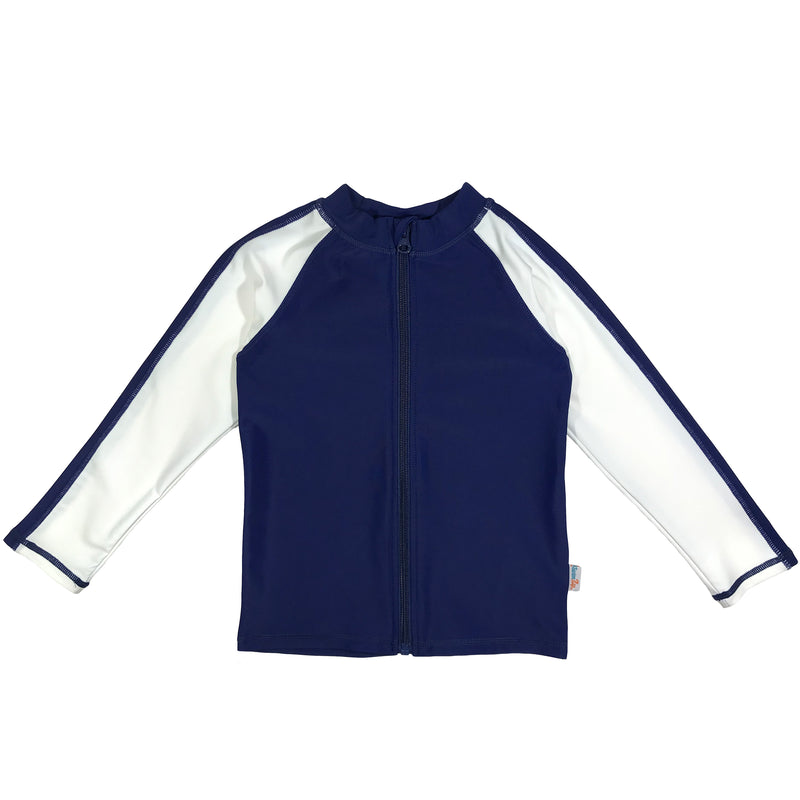Kids UPF 50+ Long Sleeve Rash Guard Sun Protective Swim Shirt (Two-Tone) - Navy/White-0-3 Month-Navy/White-SwimZip UPF 50+ Sun Protective Swimwear & UV Zipper Rash Guards-pos1