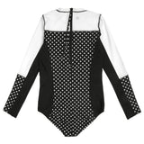Women's Long Sleeve Surf Suit (One Piece Bodysuit) - "Black Polka Dot"-SwimZip UPF 50+ Sun Protective Swimwear & UV Zipper Rash Guards-pos3