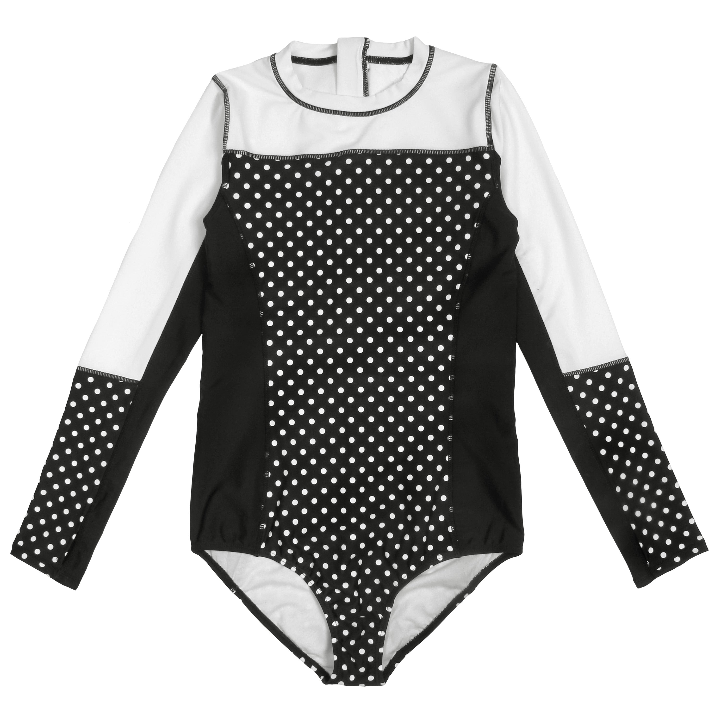 Women's Long Sleeve Surf Suit (One Piece Bodysuit) - "Black Polka Dot"-XS-Black Polka Dot-SwimZip UPF 50+ Sun Protective Swimwear & UV Zipper Rash Guards-pos1
