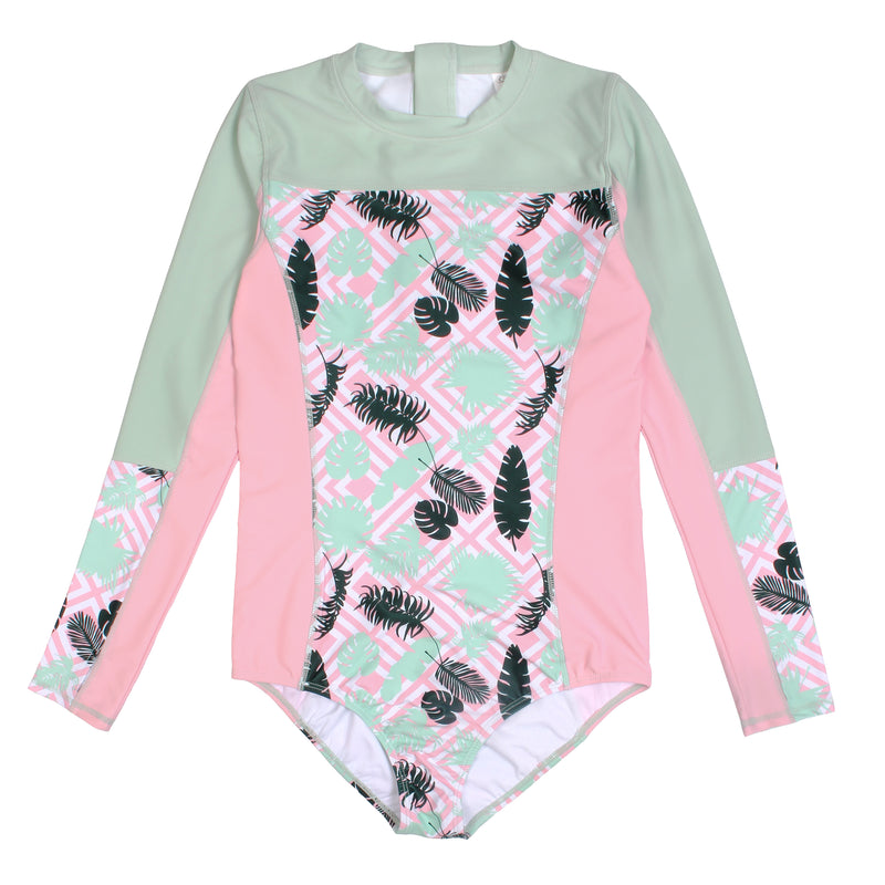 Women's Long Sleeve Surf Suit (One Piece Bodysuit) - "Palm Breeze"-XS-Palm-SwimZip UPF 50+ Sun Protective Swimwear & UV Zipper Rash Guards-pos1