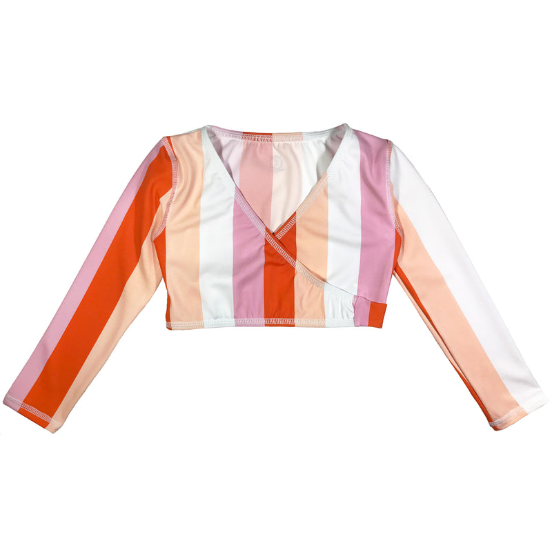 Girls Long Sleeve Swim Wrap Top - "Peachy Stripes"-2T-Peach Stripes-SwimZip UPF 50+ Sun Protective Swimwear & UV Zipper Rash Guards-pos1