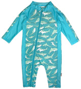 Sunsuit - Long Sleeve Romper Swimsuit | "Deep Blue Sharks"-0-6 Month-Deep Blue Sharks-SwimZip UPF 50+ Sun Protective Swimwear & UV Zipper Rash Guards-pos1