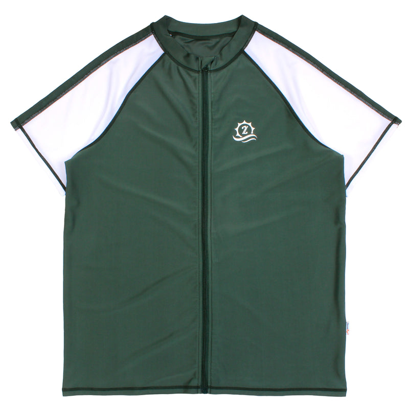 Men’s Short Sleeve Rash Guard Swim Shirt - “Hunter Green/White”-Small-Green/White-SwimZip UPF 50+ Sun Protective Swimwear & UV Zipper Rash Guards-pos1