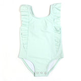 Girls Ruffle One-Piece Swimsuit | "Too Sweet" Whispering Blue-6-12 Month-Whispering Blue-SwimZip UPF 50+ Sun Protective Swimwear & UV Zipper Rash Guards-pos1