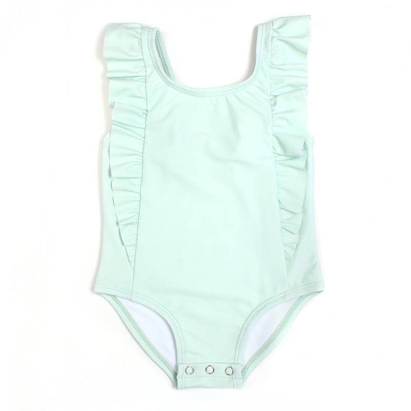 Girls Ruffle One-Piece Swimsuit | "Too Sweet" Whispering Blue-6-12 Month-Whispering Blue-SwimZip UPF 50+ Sun Protective Swimwear & UV Zipper Rash Guards-pos1
