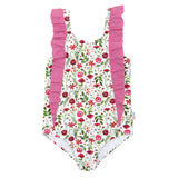 Girls Ruffle One-Piece Swimsuit | "Too Sweet" Floral Garden-6-12 Month-Floral Garden-SwimZip UPF 50+ Sun Protective Swimwear & UV Zipper Rash Guards-pos1