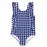 Girls Ruffle One-Piece Swimsuit | "Too Sweet" Navy Gingham-6-12 Month-Navy Gingham-SwimZip UPF 50+ Sun Protective Swimwear & UV Zipper Rash Guards-pos1