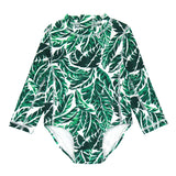 Girls Long Sleeve Surf Suit (One Piece Bodysuit) | "Palm Leaf"-6-12 Month-Palm Leaf-SwimZip UPF 50+ Sun Protective Swimwear & UV Zipper Rash Guards-pos1