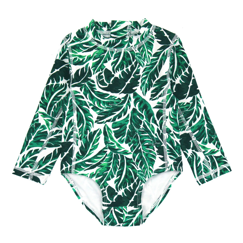 Girls Long Sleeve Surf Suit (One Piece Bodysuit) | "Palm Leaf"-6-12 Month-Palm Leaf-SwimZip UPF 50+ Sun Protective Swimwear & UV Zipper Rash Guards-pos1