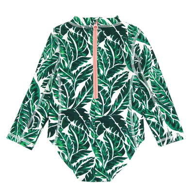 SwimZip Girl's Long Sleeve Surf Suit Body Suit - Palm Leaf Green