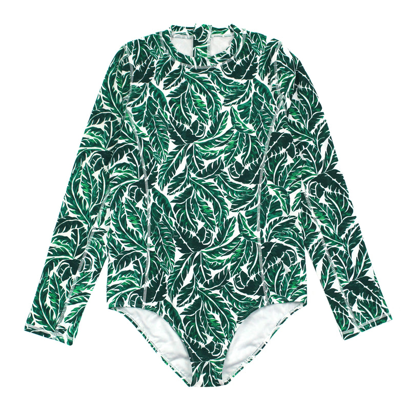 Women's Long Sleeve Surf Suit (One Piece Bodysuit) - "Palm Leaf"-XS-Palm Leaf-SwimZip UPF 50+ Sun Protective Swimwear & UV Zipper Rash Guards-pos1