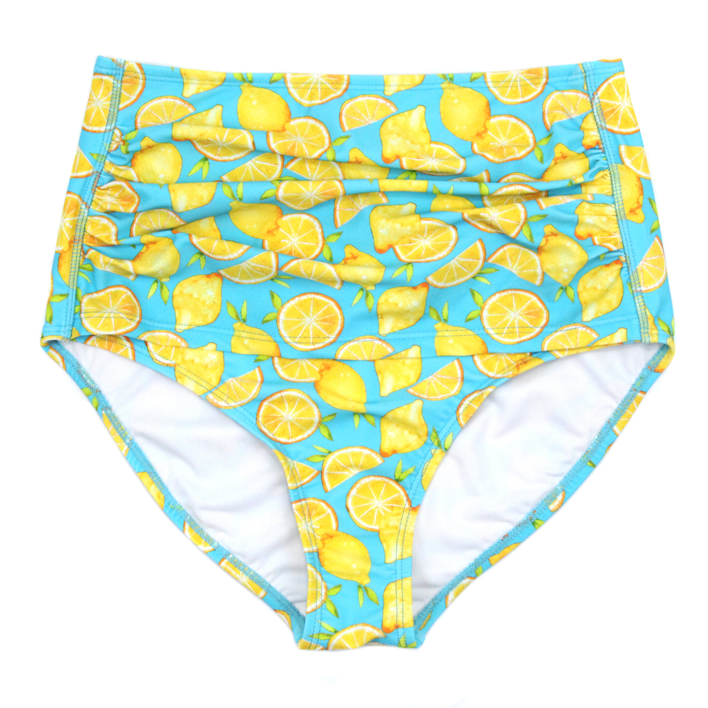 Women's High Waist Bikini Bottoms Ruched | "Lemons"-XS-Lemons-SwimZip UPF 50+ Sun Protective Swimwear & UV Zipper Rash Guards-pos1