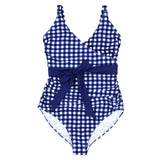 Women's One Piece Wrap Swimsuit - "Navy Gingham"-XS-Navy Gingham-SwimZip UPF 50+ Sun Protective Swimwear & UV Zipper Rash Guards-pos1