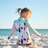Girls Long Sleeve Surf Suit (One Piece Bodysuit) | "Palm Breeze"-SwimZip UPF 50+ Sun Protective Swimwear & UV Zipper Rash Guards-pos4