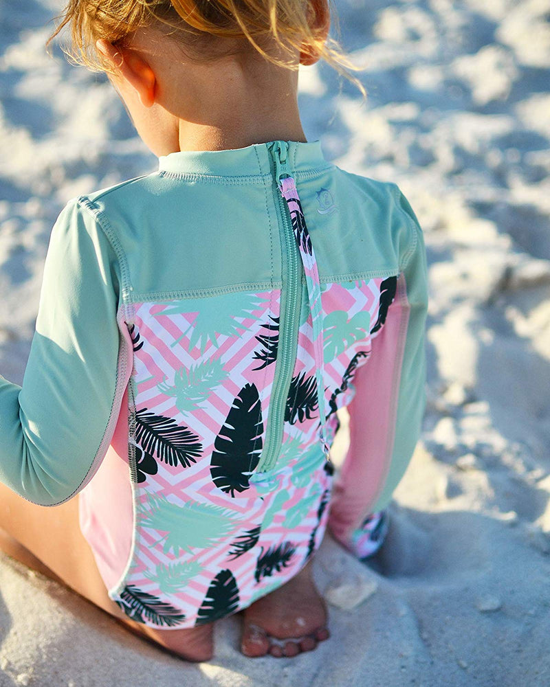 Girls Long Sleeve Surf Suit (One Piece Bodysuit) | "Palm Breeze"-SwimZip UPF 50+ Sun Protective Swimwear & UV Zipper Rash Guards-pos6