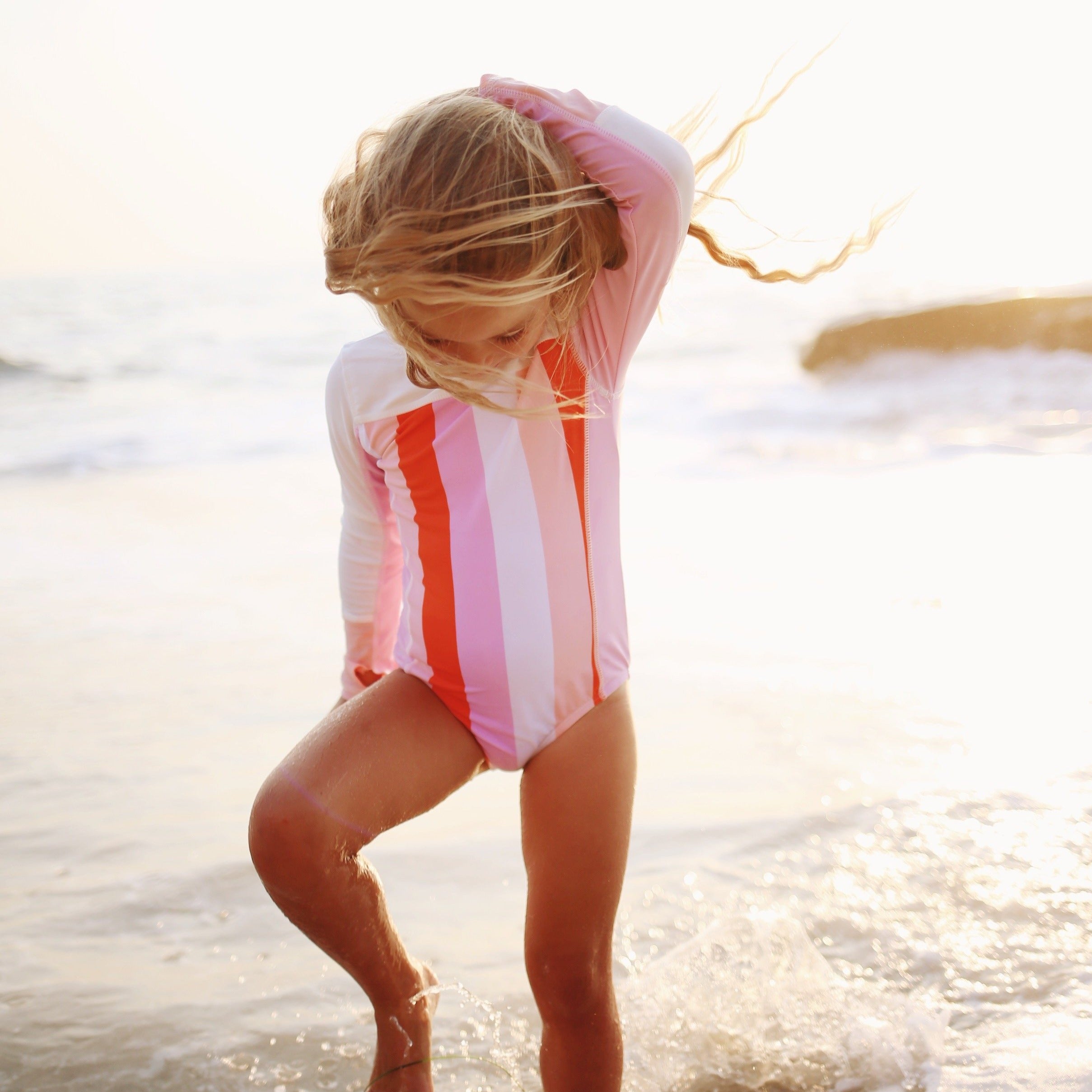 Girls Long Sleeve Surf Suit (One Piece Bodysuit) | "Peachy Stripes"-SwimZip UPF 50+ Sun Protective Swimwear & UV Zipper Rash Guards-pos2