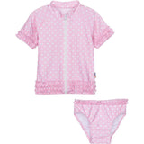 Girls Short Sleeve Rash Guard Swimsuit Set (2 Piece) - "Sassy Surfer" Pink-12-18 Month-Pink Polka Dot-SwimZip UPF 50+ Sun Protective Swimwear & UV Zipper Rash Guards-pos1