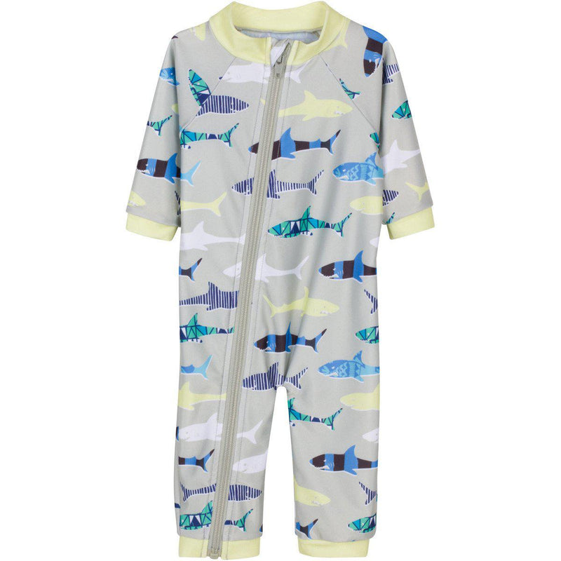 Sunsuit - Long Sleeve Romper Swimsuit | "Shark Feast"-0-6 Month-Shark Feast-SwimZip UPF 50+ Sun Protective Swimwear & UV Zipper Rash Guards-pos1