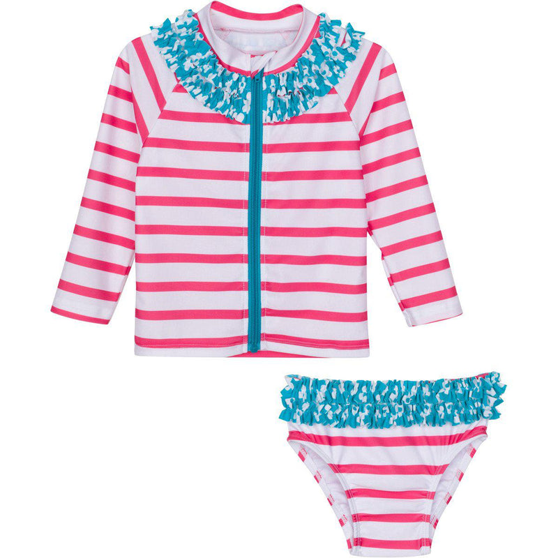 Girls Long Sleeve Rash Guard Ruffle Swimsuit Set (2 Piece) - "Splish Splash"-3T-Splish Splash-SwimZip UPF 50+ Sun Protective Swimwear & UV Zipper Rash Guards-pos1