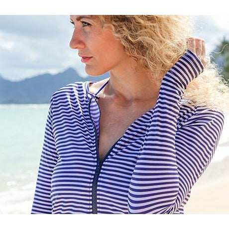 Women's Long Sleeve Rash Guard Swim Shirt - "Stunner" Navy Stripe-SwimZip UPF 50+ Sun Protective Swimwear & UV Zipper Rash Guards-pos2