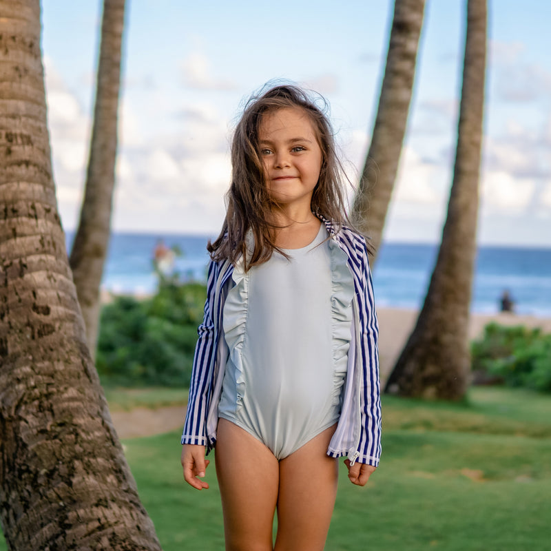 Girls Ruffle One-Piece Swimsuit | "Too Sweet" Whispering Blue-SwimZip UPF 50+ Sun Protective Swimwear & UV Zipper Rash Guards-pos2