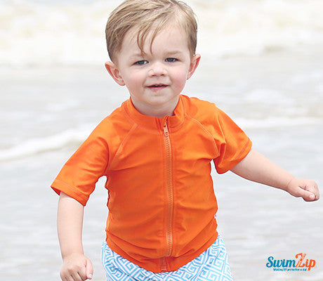 Kids Short Sleeve Zipper Rash Guard Swim Shirt | “Orange”