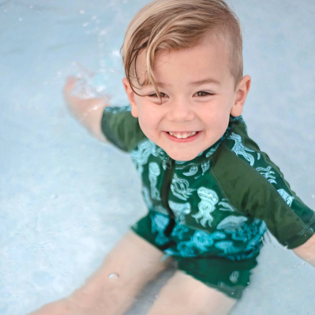 SwimZip Kid's Short Sleeve Rash Guard & Swim Shorties - Jellyfish