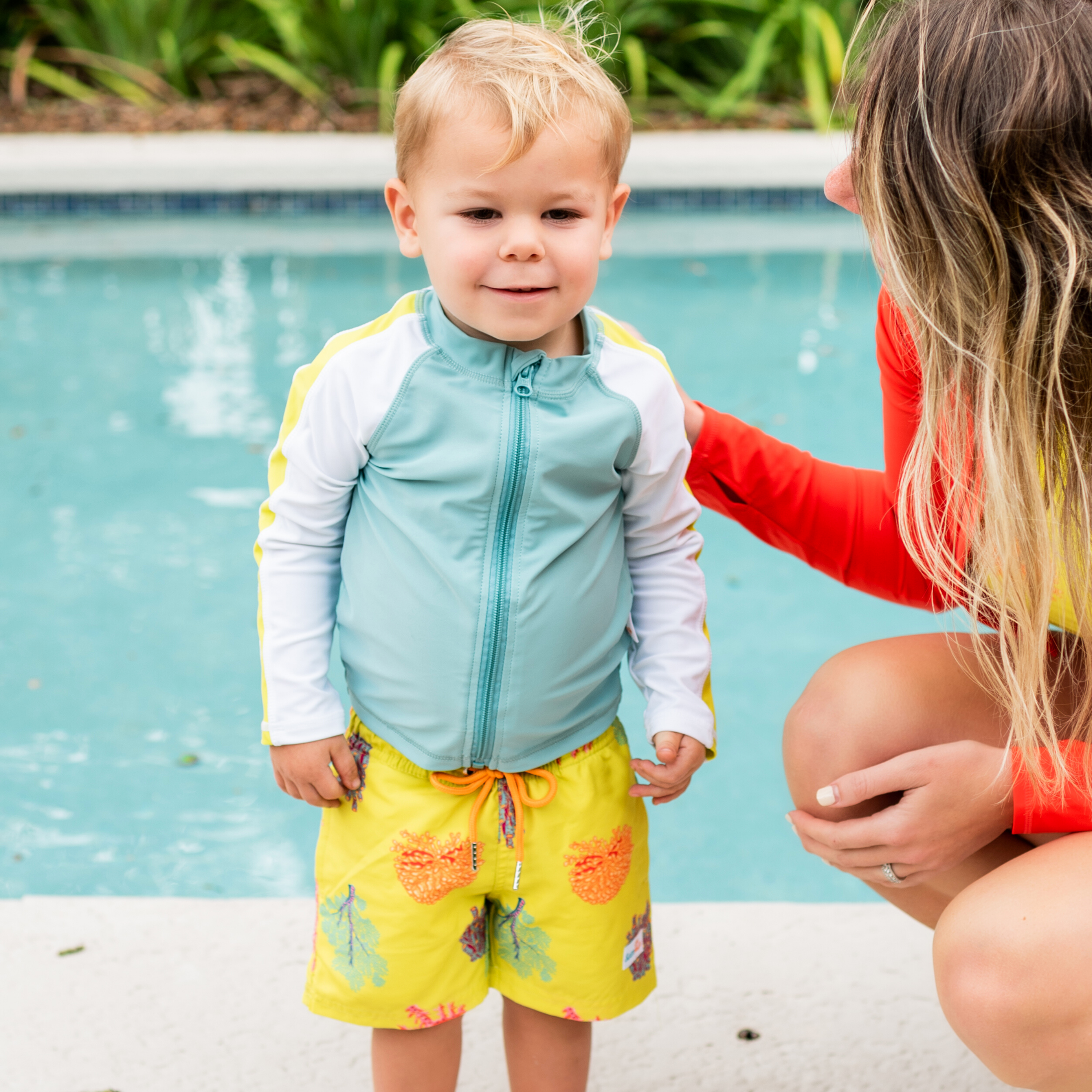 Boys Long Sleeve Zipper Rash Guard and Swim Trunk Set | "Coral"-SwimZip UPF 50+ Sun Protective Swimwear & UV Zipper Rash Guards-pos2