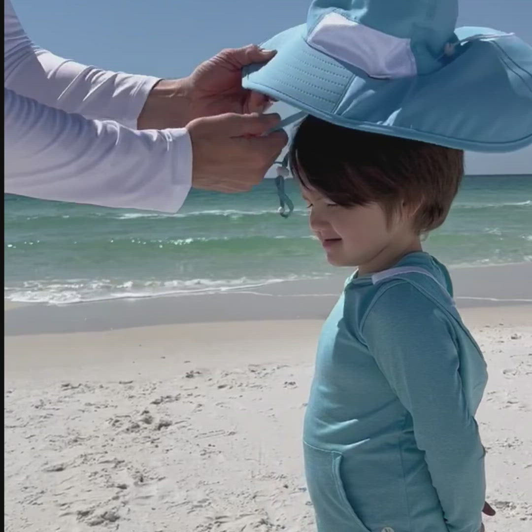Kids Wide Brim + Flap Neck Sun Protective Adventure Hat - Aqua Sky