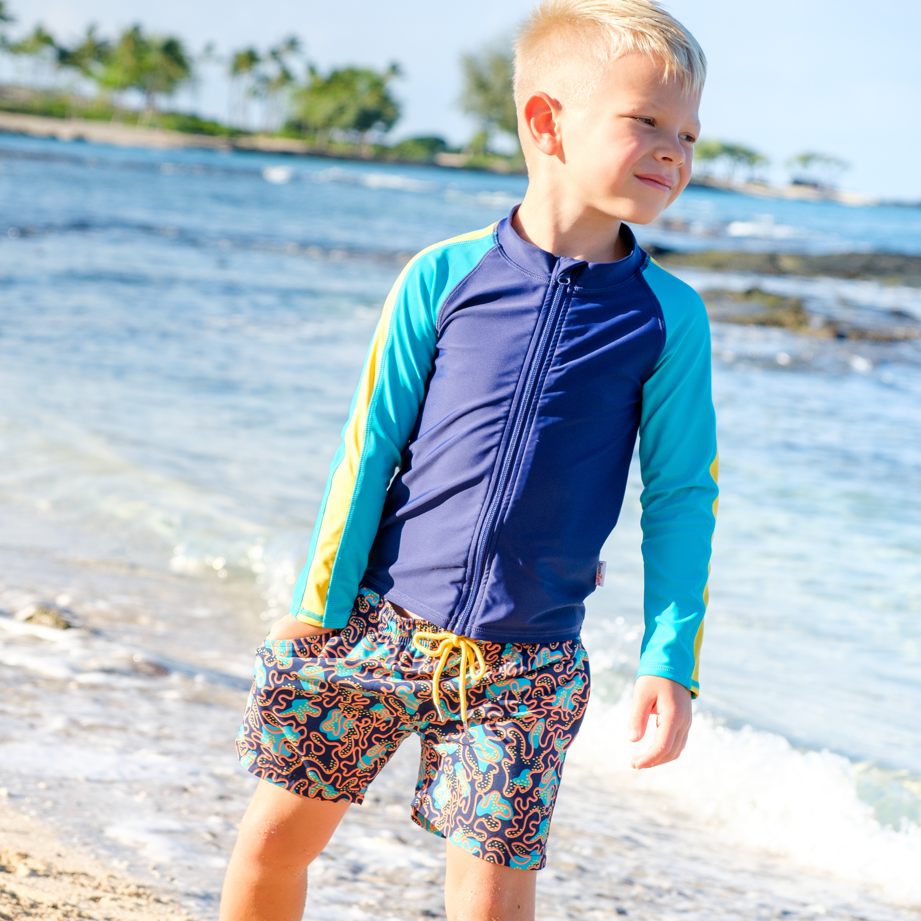 Boys Long Sleeve Zipper Rash Guard and Swim Trunk Set | "Deep Dive"-SwimZip UPF 50+ Sun Protective Swimwear & UV Zipper Rash Guards-pos2