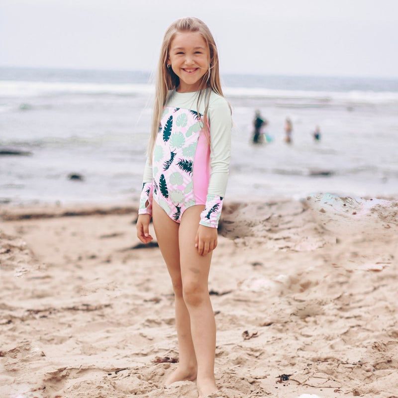 Girls Long Sleeve Surf Suit (One Piece Bodysuit) | "Palm Breeze"-SwimZip UPF 50+ Sun Protective Swimwear & UV Zipper Rash Guards-pos2